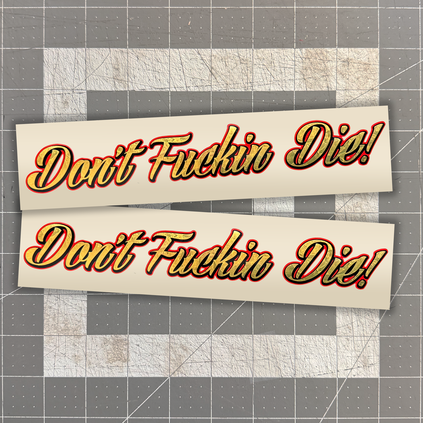 Don't Fucking Die / Gold Foil 3 Layer Vinyl Decal Set with 2 Swing Arm Decals